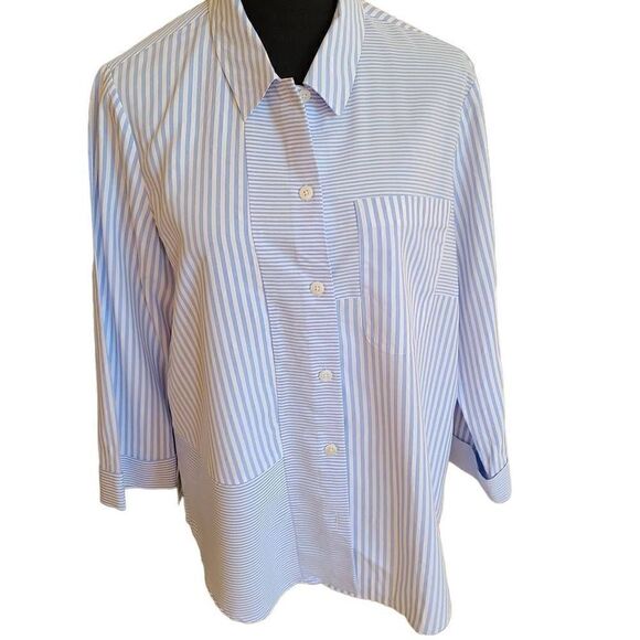 Cali Girls Women Blouse Button Up Collared Quarter Sleeve Pinstripes Blue Medium - Picture 1 of 12